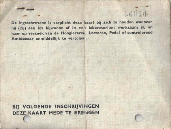 Student identification for Johan Siersema for a university in Amsterdam, dated 1947-1949.